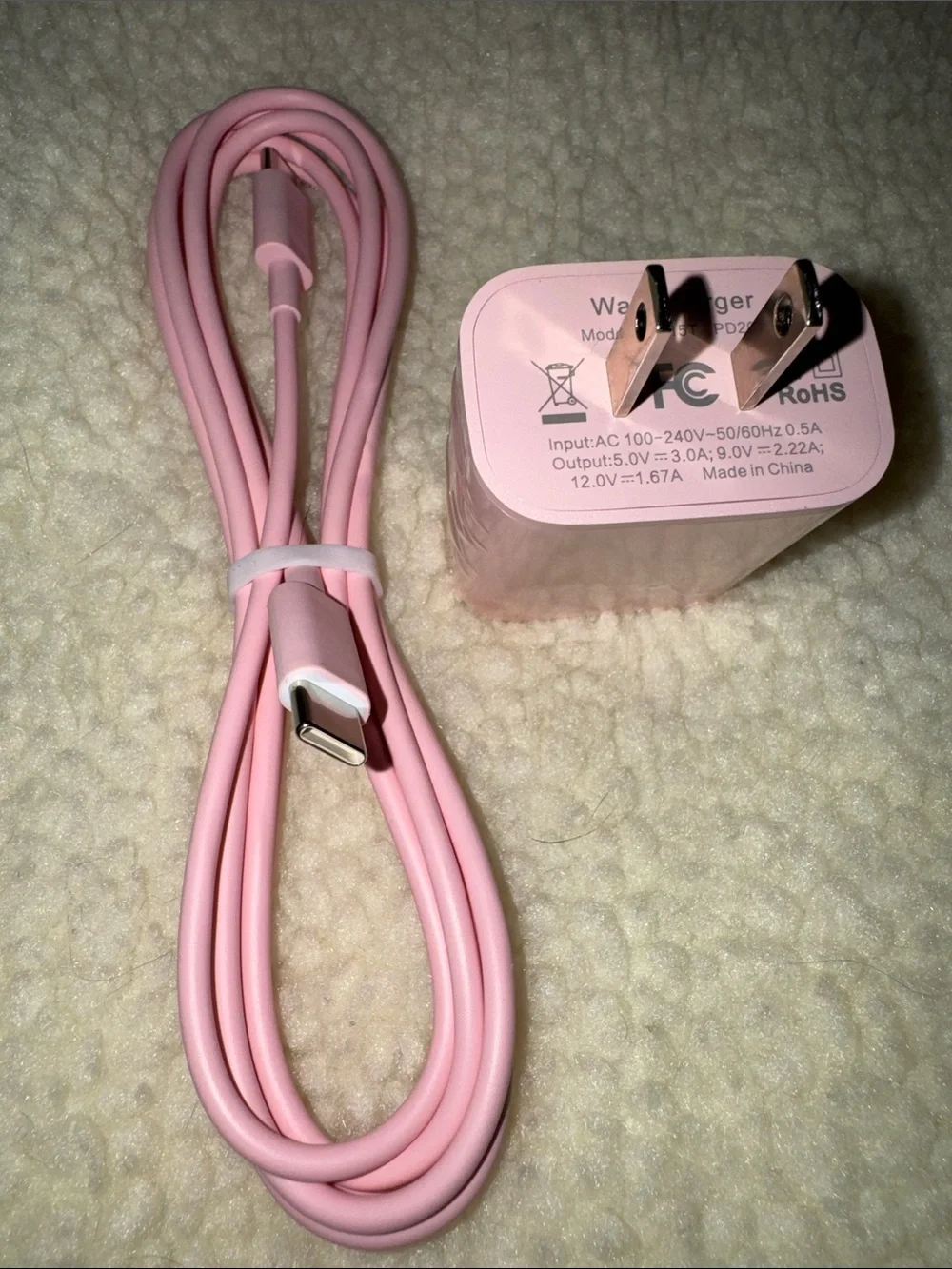 Pink Type C Fast Charging 6 foot Cable with Block, NEW